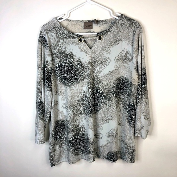 Chicos gray white patterned tunic 3/4 sleeve easywear v-neck notch L (Chico’s 2) - Picture 1 of 8